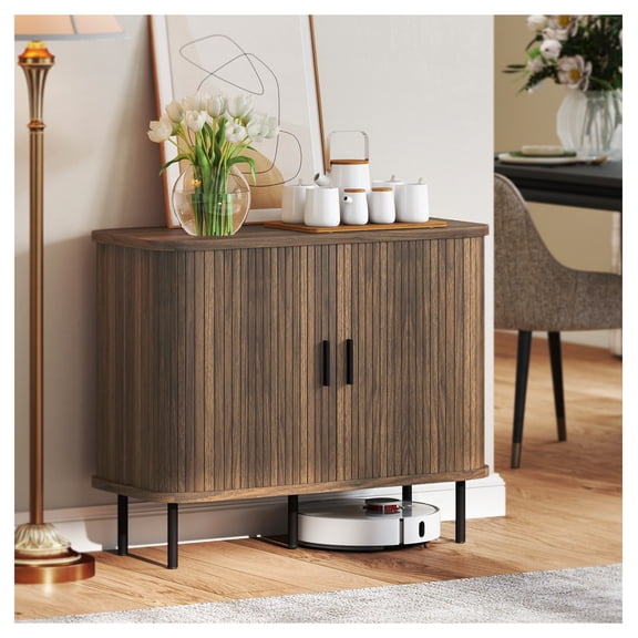 Sideboard Buffet Cabinet, 35.4" Coffee Bar Storage, Nordic Style w/ Tambour Doors, Walnut Finish