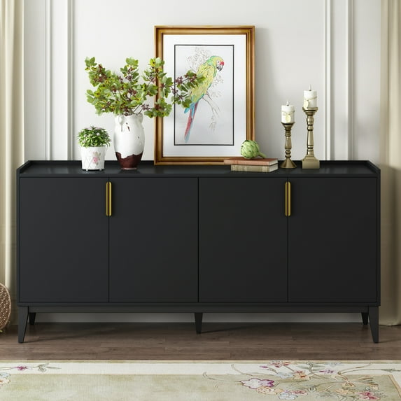 Sideboard Buffet Cabinet, 4 Door Storage Cabinet with Wood Leg, Aluminium Handle and 3 Adjustable Shelves