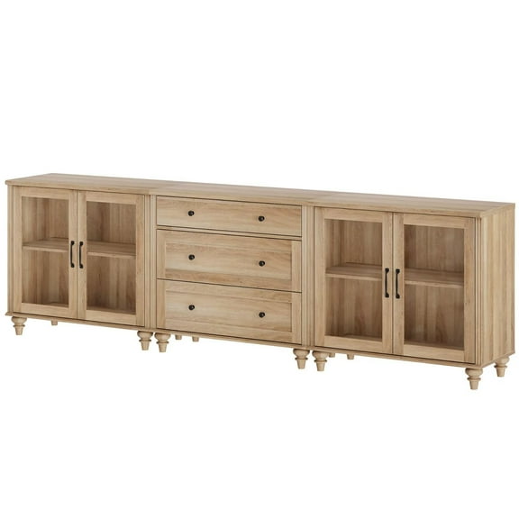 Sideboard Buffet Cabinet with 4 Glass Doors, 3-in-1 Kitchen Storage Cabinet, Wooden Coffee Bar Table with Adjustable Shelf & 3 Drawers for Dining Room, Living Room, Bedroom, Oak