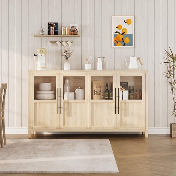Sideboard Buffet Cabinet with 4 Glass Doors, 55" Large Buffet Cabinet with Storage, Modern Farmhouse Storage Cabinet Table for Kitchen Dining Room, Living Room(Glass with 4 Door, Pear Wood)
