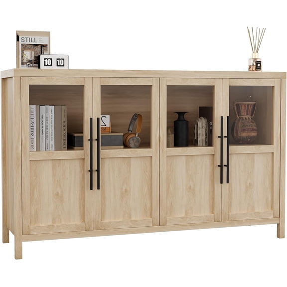 Sideboard Buffet Cabinet with 4 Glass Doors, 55" Large Buffet Cabinet with Storage, Modern Farmhouse Storage Cabinet Table for Kitchen Dining Room, Living Room(Glass with 4 Door, Pear)