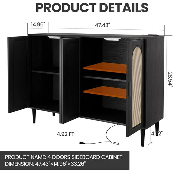 Sideboard Buffet Cabinet, 4 Rattan Doors Accent Storage Cabinet, Console Table Coffee Bar with Power Outlet, Adjustable Shelves for Dining Room, Kitchen, Hallway, Living Room