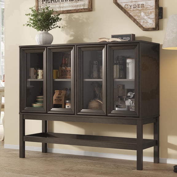 HMstone Sideboard Buffet Cabinet 47"W Storage Cabinet with 4 Glass Press-to-Open Doors, Coffee Bar Cabinet Buffet Table with Shelves for Kitchen, Living Room, Dark Brown