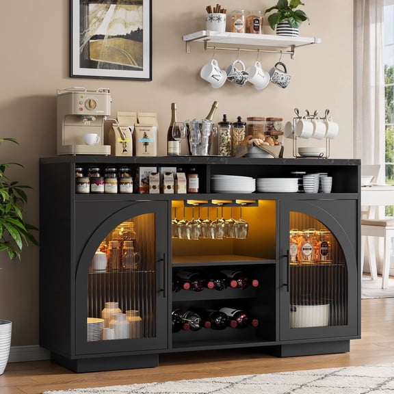 SOLACE FURNITURE Sideboard Buffet Cabinet, Kitchen Cabinet with LED Lights, Bar Cabinets with Adjustable Shelves, Black