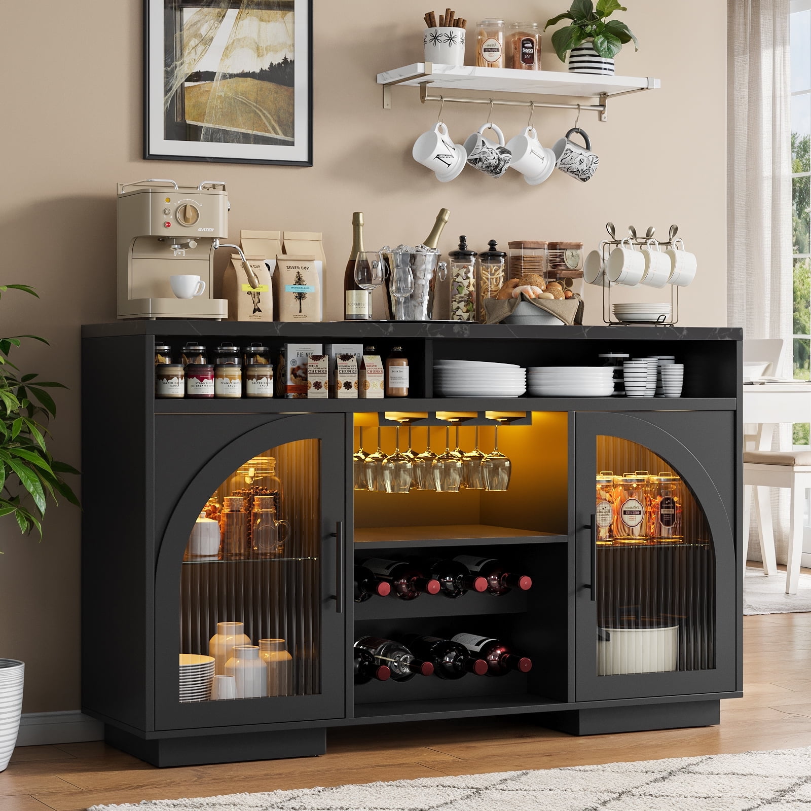 SOLACE FURNITURE Sideboard Buffet Cabinet, 54 Inches, Black, LED Lights ...