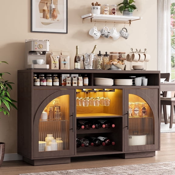Solace Furniture Buffet Cabinets with Led Light, Wine Bar Cabinet & 2 Adjustable Shelves, Brown