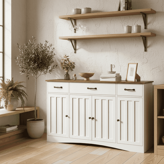Sideboard Buffet Cabinet, 55.1" Large Dining Sideboard with 3 Drawers, 4 Glass Doors, Wood Coffee Bar Cabinet, White & Retro