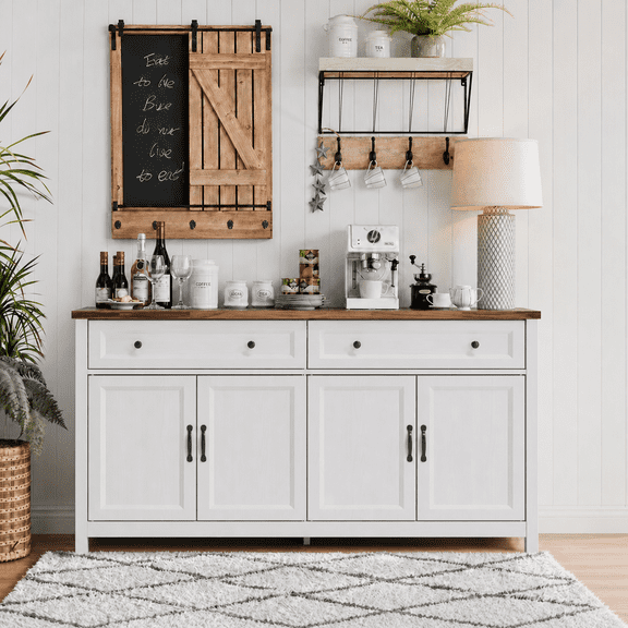 Sideboard Buffet Cabinet, Farmhouse 55" Large Dining Sideboard with 4 Doors and 2 Drawers, Wood Coffee Bar Cabinet Fits Kitchen/Dining Room, White & Retro