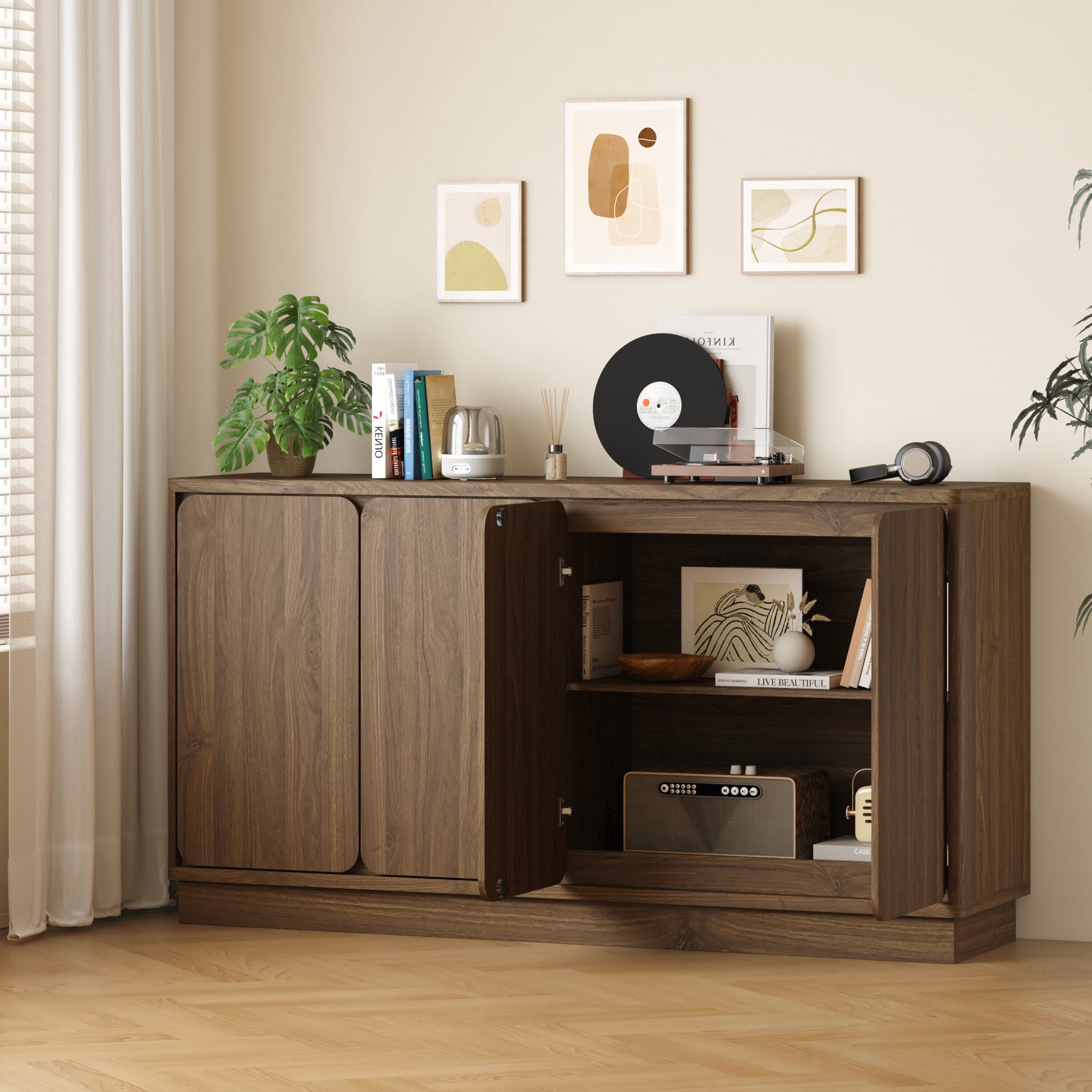 Sideboard Buffet Cabinet 59.1 Inch with 4 Doors and Adjustable Shelves, Storage Credenza and Console Cupboard for Dining Room Kitchen, Walnut