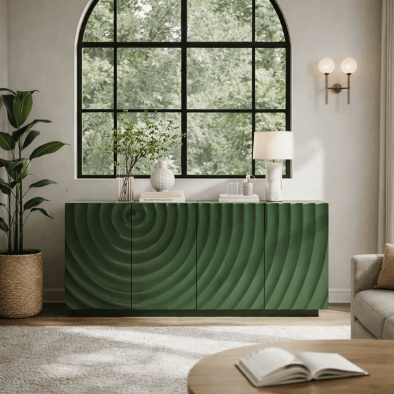 Sideboard Buffet Cabinet, 59"Green Accent Cabinet with 4 Doors, Mid Century Modern Pantry Cabinet, Wood Buffet Cabinet, Media Cabinet, Console Cabinet, Cabinet for Entryway, Living Room, Dining Room