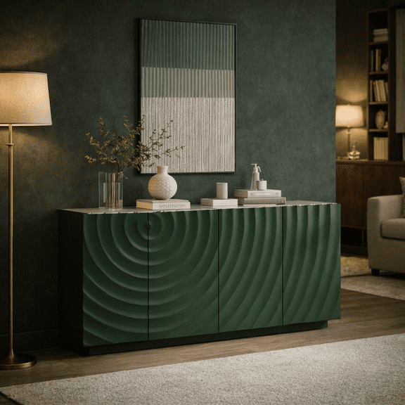 Sideboard Buffet Cabinet, 59"Green Accent Cabinet with 4 Doors, Mid Century Modern Pantry Cabinet, Wood Buffet Cabinet, Media Cabinet, Console Cabinet, Cabinet for Entryway, Living Room, Dining Room