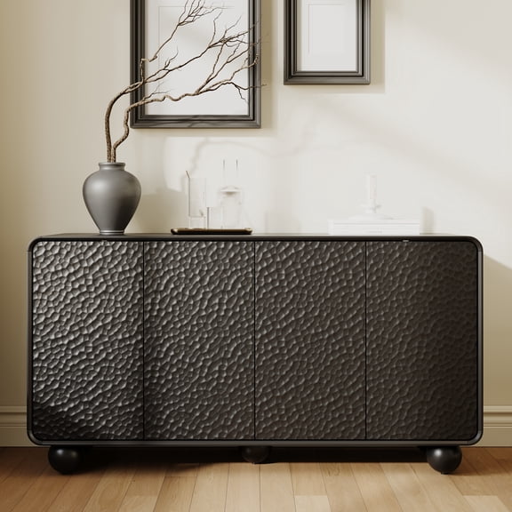 Sideboard Buffet Cabinet, 59'' MDF Accent Credenza with Honeycomb Textured Doors and Curved Profile, Black Storage Console Table with Shelves for Dining Room and Living Room