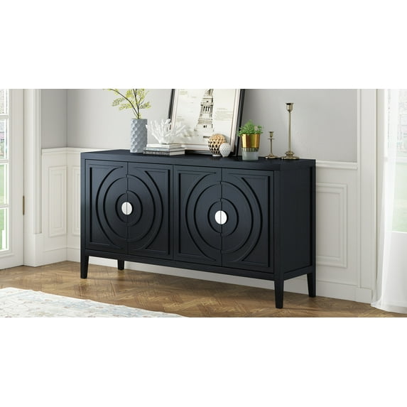Sideboard Buffet Cabinet, 60" Retro Accent Circular Groove Cabinet with 4 Door & Round Metal Handle, Credenza Entryway Cabinet with Solid Wood Frame for Living Room, Dinning Room, Black