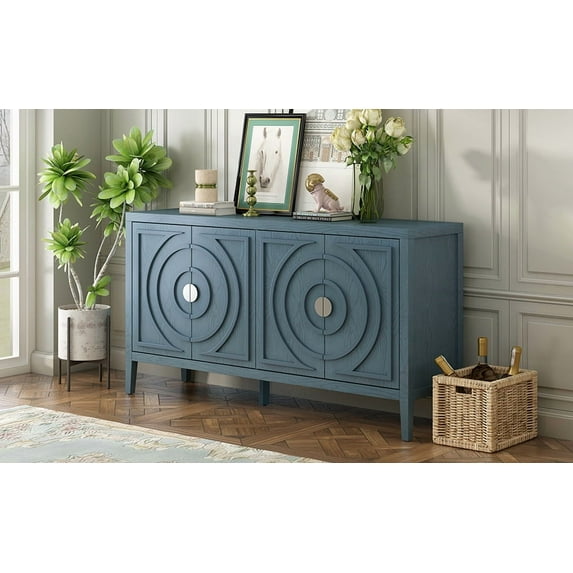 Sideboard Buffet Cabinet, 60" Retro Accent Circular Groove Cabinet with 4 Door & Round Metal Handle, Credenza Entryway Cabinet with Solid Wood Frame for Living Room, Dinning Room, Antique Blue