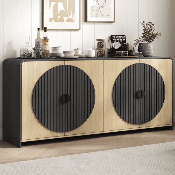 Sideboard Buffet Cabinet, 65" Large Sideboard Buffet Storage Cabinet, Modern Farmhouse Coffee Bar Station, Wood Kitchen Table with Adjustable Shelves and Doors for Kitchen, Dining Room, Black