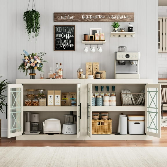 Sideboard Buffet Cabinet 70.9" – Contemporary Storage Credenza with 4 Screen-Printed Glass Doors & Thick Wood Top, White Buffet Table for Dining Room, Kitchen, Living Room or Coffee Bar