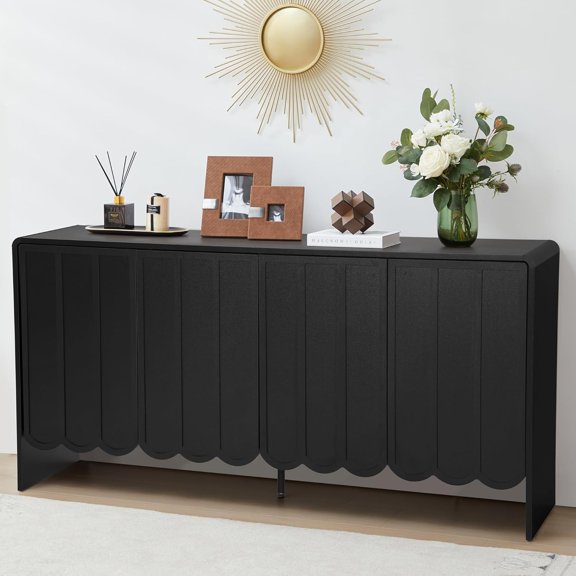 Sideboard Buffet Cabinet, Accent Storage Cabinets with 4 Doors, Farmhouse Wood Cabinet with Adjustable Shelves and Wave Panel for Living Room, Dining Room, Entry - Black