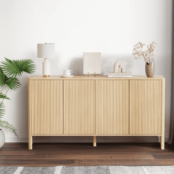 Sideboard Buffet Cabinet with Adjustable Shelves, Modern Farmhouse Buffet Storage Cabinet with 4 Fluted Doors, Freestanding Coffee Bar Console Table for Kitchen, Living Room, Entryway, Oak