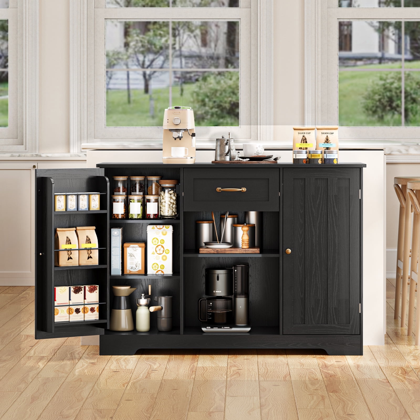 Sideboard Buffet Cabinet,Asofer Storage Coffee Bar Cabinet with Drawers, Kitchen Pantry Storage with Doors and Shelves for Kitchen and Living Room, Black
