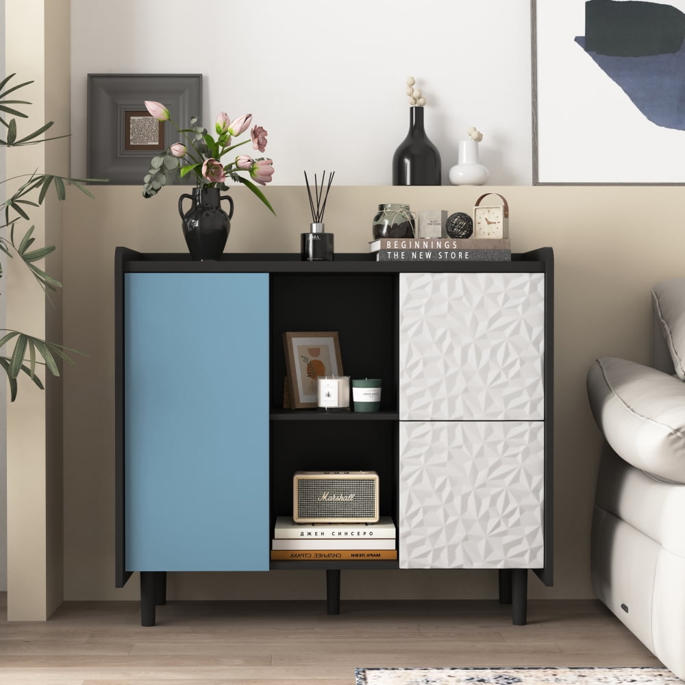 KEIKI 47.2 Inch Modern Sideboard Buffet Cabinet With Doors, Drawers & Open Shelf - Storage For Dining Room, Kitchen, Or Living Room (Blue)