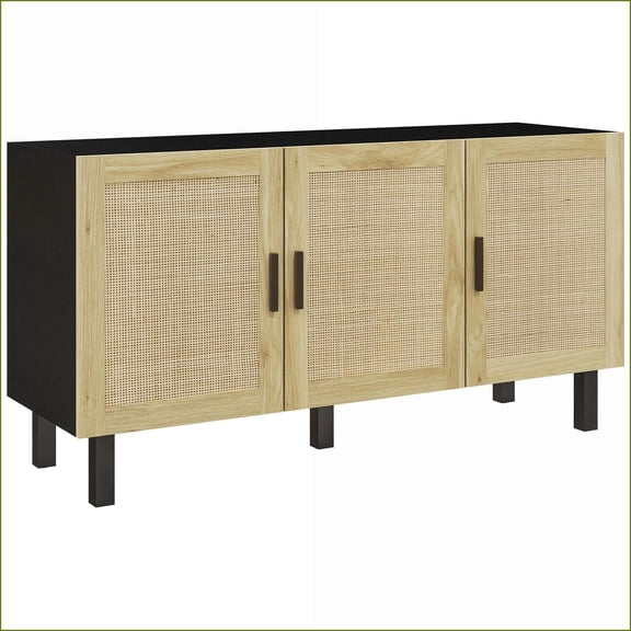 Sideboard Buffet Cabinet, Boho 3 Rattan Doors Adjustable Shelves, Black & Natural | MDF Construction | Elevated Legs