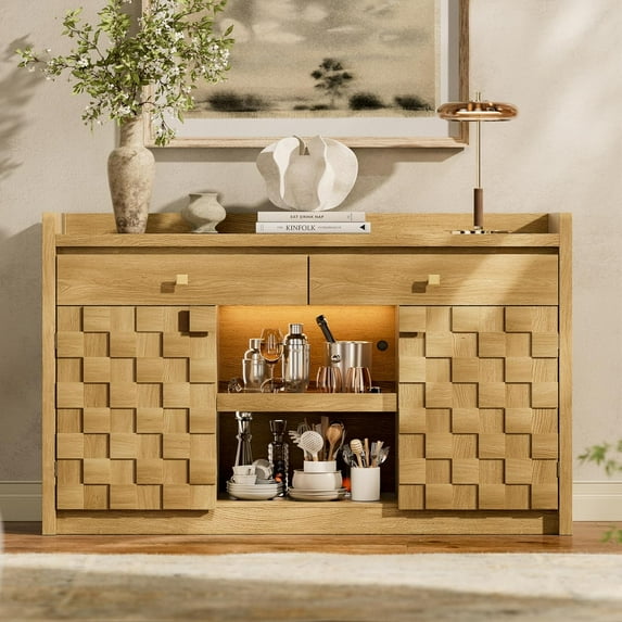 Sideboard Buffet Cabinet with Charging Station & LED Light, Coffee Bar Cabinet with Drawers, Pull-Out Shelf & Door Rack, Modern Storage Cabinet for Kitchen, Dining Room