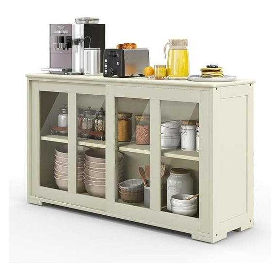 Sideboard Buffet Cabinet - Coffee Bar with Glass Doors, Console Table with Shelf, Living Room Credenza, Stackable Kitchen Cupboard (White)