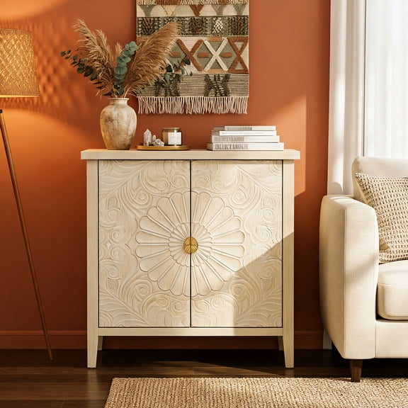 LFGUIZO 2-Door 1-Shelf Carved Buffet  Accent Cabinet with Adjustable Shelves, Storage Space for Entryway, Living Room and Kitchen, Natural