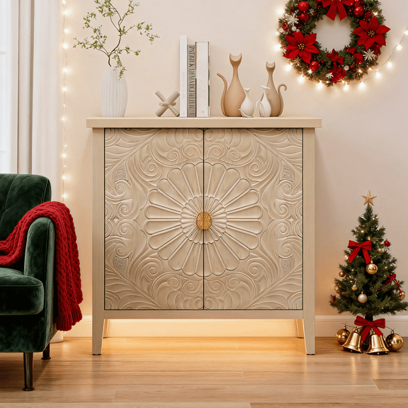 LFGUIZO 2-Door 1-Shelf Carved Buffet Accent Cabinet with Adjustable Shelves, Storage Space for Entryway, Living Room and Kitchen, Natural