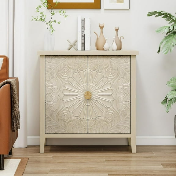 Sideboard Buffet Cabinet, Decorative Cabinet with Adjustable Shelves and 2 Carved Doors for Living Room, Office and Kitchen, Natural