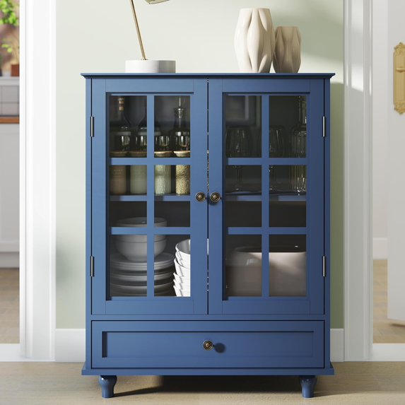 Sideboard Buffet Cabinet, Dining Room Storage Cabinet, Entryway Cabinet with Glass Doors Drawer for Living Room, Dining Room, Bathroom, Adjustable Shelf, Blue