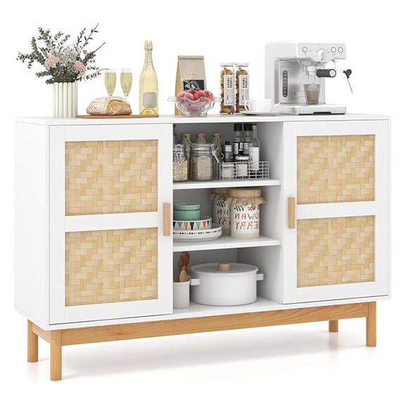  Sideboard Buffet Cabinet, Floor Storage Cabinet with 2 Bamboo Woven Doors, 3 Open Shelves, Accent Console Table Cupboard for Kitchen, Dining Room, Living Room, Entryway