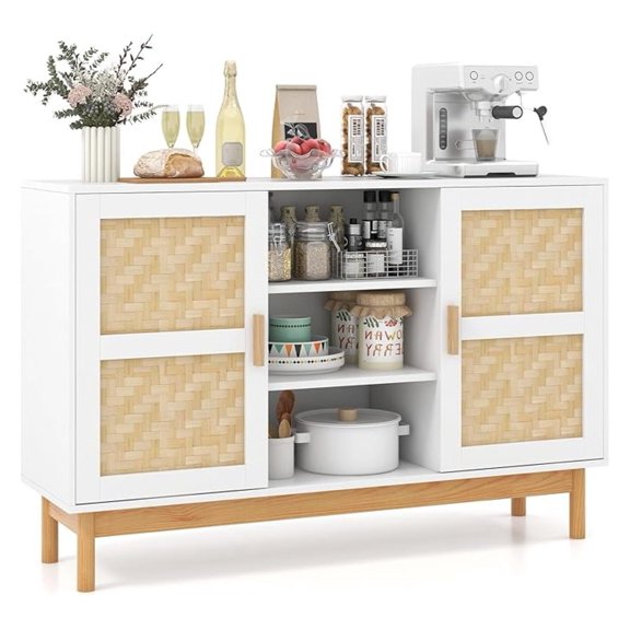 Sideboard Buffet Cabinet, Floor Storage Cabinet with 2 Bamboo Woven Doors, 3 Open Shelves, Accent Console Table Cupboard for Kitchen, Dining Room, Living Room, Entryway
