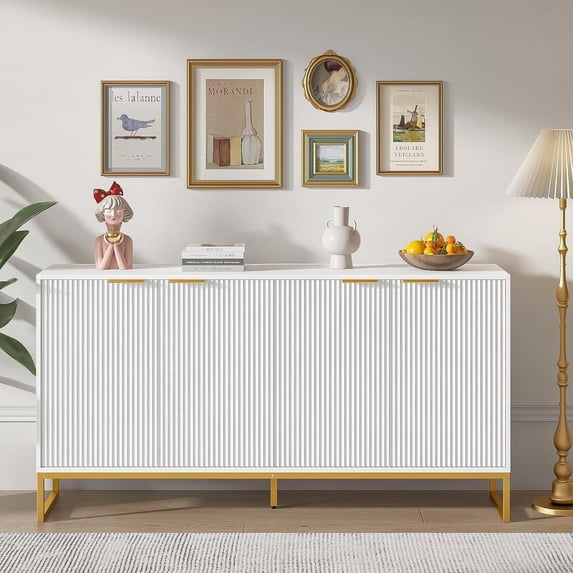 Sideboard Buffet Cabinet, Fluted Accent Cabinet with Adjustable Shelves, Console Table with Storage for Kitchen, Entryway, White