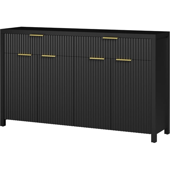 Sideboard Buffet Cabinet Fluted Storage Cabinet, 55" Large Credenza with Storage & Adjustable Shelves, Modern Accent Console Wood for Dining Room, Living Room, Entryway, Black
