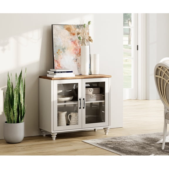 Sideboard Buffet Cabinet with Glass Door, Curved Edge Kitchen Storage Cabinet, Vintage Gourd Leg Wood Coffee Bar Table, Accent Table for Dining Room & Living Room, Off White