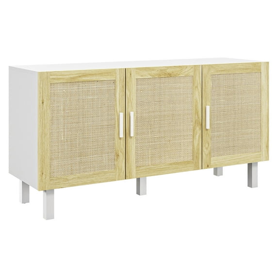 Sideboard Buffet Cabinet, Kitchen Cabinet, Coffee Bar Cabinet with 3 Rattan Doors and Adjustable Shelves, White and Natural