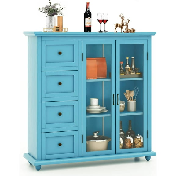 Sideboard Buffet Cabinet, Kitchen Pantry Cupboard with 2 Doors & 4 Drawers, Storage Credenza Cabinet Console Table for Coffee Bar, Dining Room, Bathroom, 36 × 12 × 37 inches (Blue)