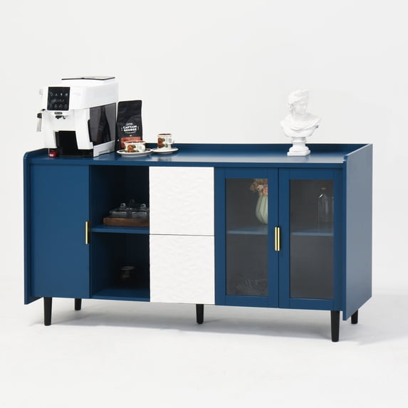 Sideboard Buffet Cabinet, Kitchen Pantry Storage Cabinet, 55" Coffee Bar Storage Cabinet with 2 Drawers, 2 Open Storage Compartment & 2 Glass Doors, or Kitchen, Living Room, Green, Blue