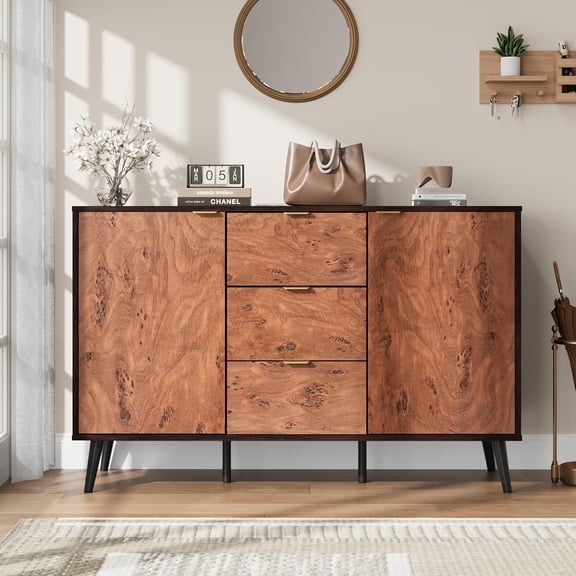 Sideboard Buffet Cabinet, Large Spacious Storage Credenza with Doors Drawers, Metal Handles, Robot Vacuum Compatible for Dining Room Living Room - Walnut