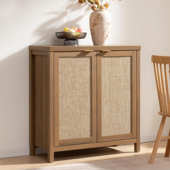 Sideboard Buffet Cabinet with Large Storage -  Rattan Credenza Coffee Bar Cabinets with Adjustable Shelves, Buffet Console Table for Kitchen Living Room Hallway - Oak