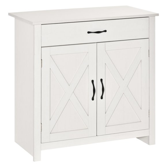 Sideboard Buffet Cabinet, MDF Wood Barn Door Style Accent Cabinet with Adjustable Shelf and Drawer, 31.5" W x 15.75" D x 31.5" H, White Wash Finish for Kitchen, Living Room, Entryway