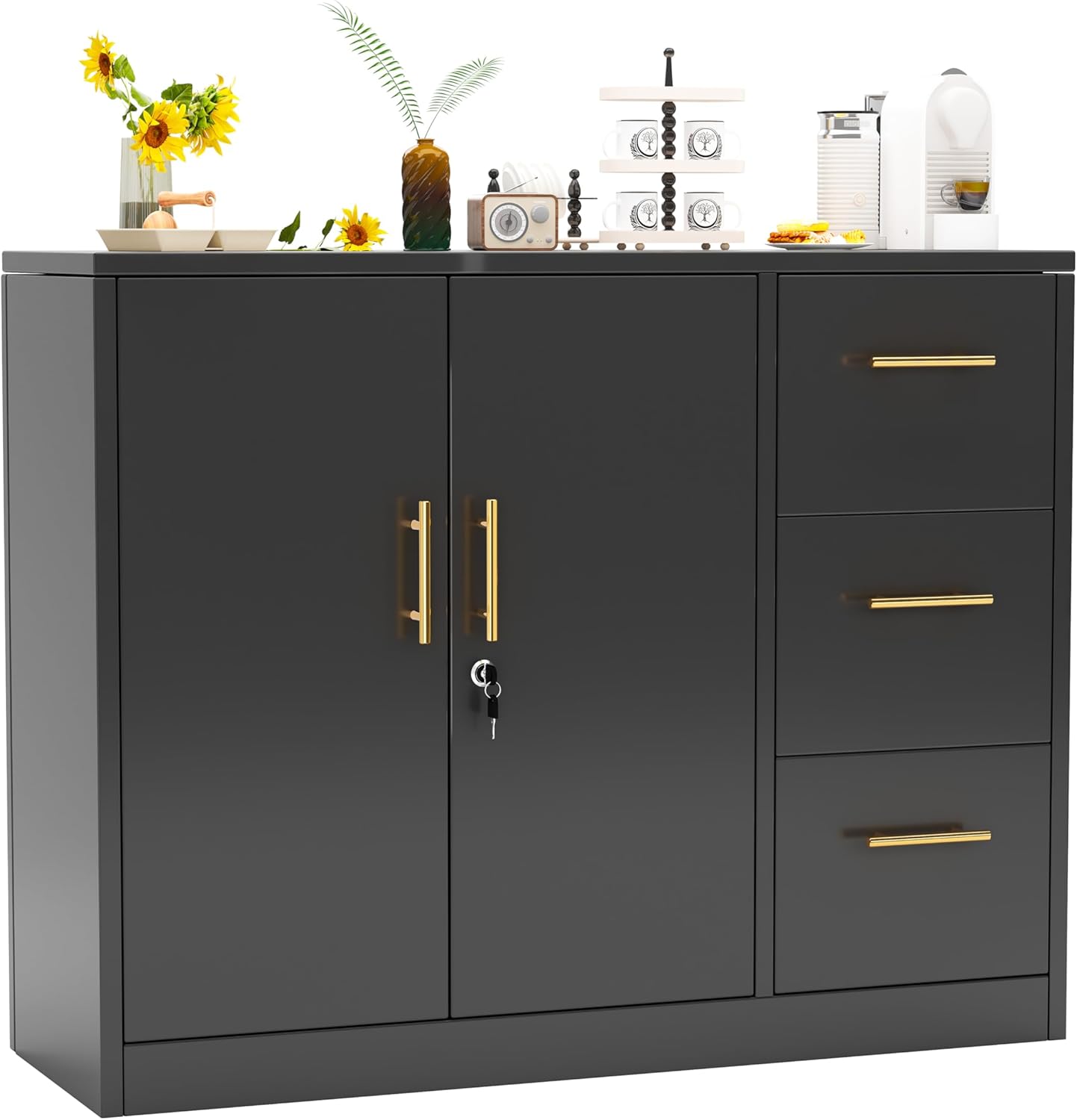 Multi-Functional 2-Door Storage Cabinet – Adjustable Shelf, Metal Handles, Water-Resistant MDF, Anti-Tip Wall Anchor – For Bathroom, Office, Dining Room – Black, Fits American Simplicity & Farmhouse Styles