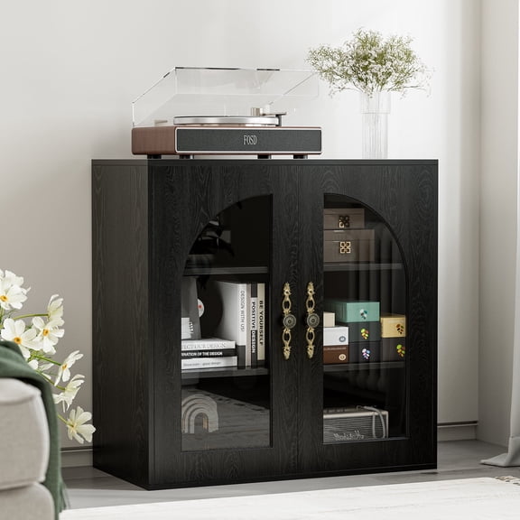 Sideboard Buffet Cabinet Modern Accent Console Cabinet with Arched Glass Doors and Storage,Black,for Living Room,Dining Room,Entryway（Black）