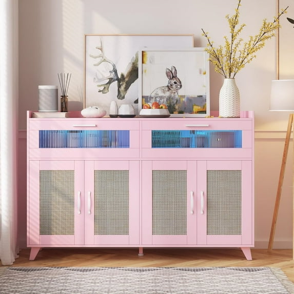Sideboard Buffet Cabinet with Power Outlet & LED Light, Coffee Bar Cabinet with 2 Fluted Acrylic Drawers & 4 Rattan Doors, Kitchen Storage Wood Buffet Cabinet for Kitchen, Dining Room