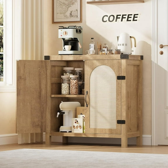 Sideboard Buffet Cabinet Rattan Kitchen Storage Organizer with 2 Doors& Adjustable Shelf,Farmhouse Accent Cabinets TV Console for Living Dining Room