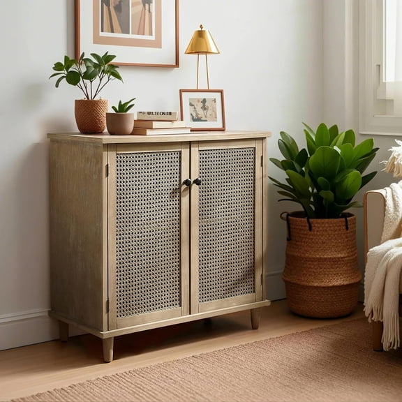 Sideboard Buffet Cabinet, Rattan Storage Cabinet with 2 Doors and Removable Shelf, Farmhouse Decor for Living Room, Entryway, Hallway, Kitchen, Dining Room
