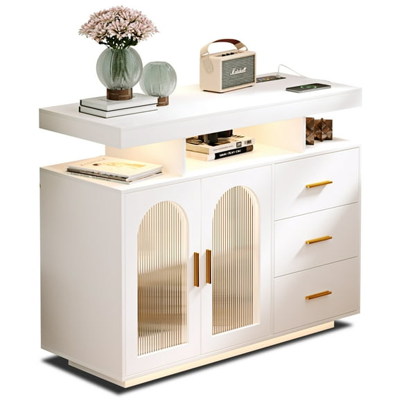 Sideboard Buffet Cabinet with Storage with 3 Drawers and 2 Doors, Auto-Sensor 20 Color Lights Console Table with Charging Station,Touch Control Console Coffee Bar Table for Kitchen,Dinning(White)