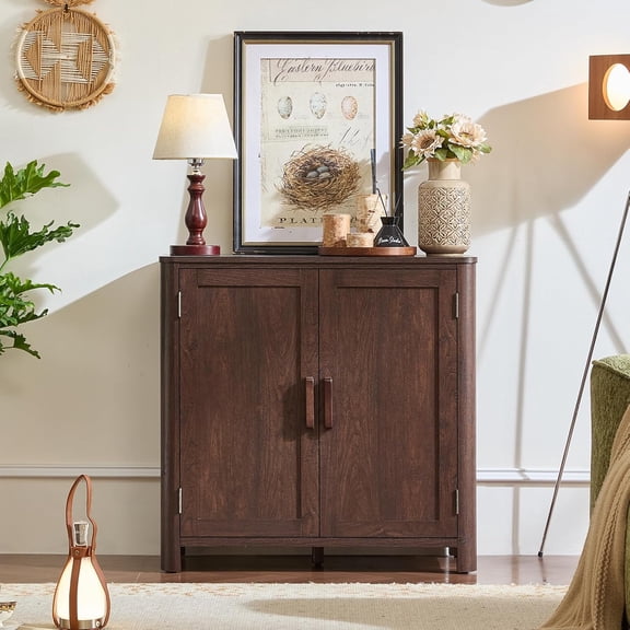 Sideboard Buffet Cabinet with Storage, 31.5" Arc-Shaped Credenza, 2 Doors & Adjustable Shelves, High Capacity, Sturdy, Coffee Bar Cabinet for Kitchen, Living Room, Entryway, Walnut