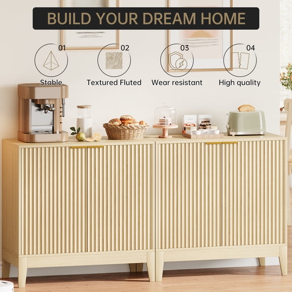 Sideboard Buffet Cabinet with Storage, 32" Modern Fluted Accent Cabinet with 2 Doors, Small Wood Console Table for Living Room, Dining Room, Kitchen, Entryway, Natural Oak